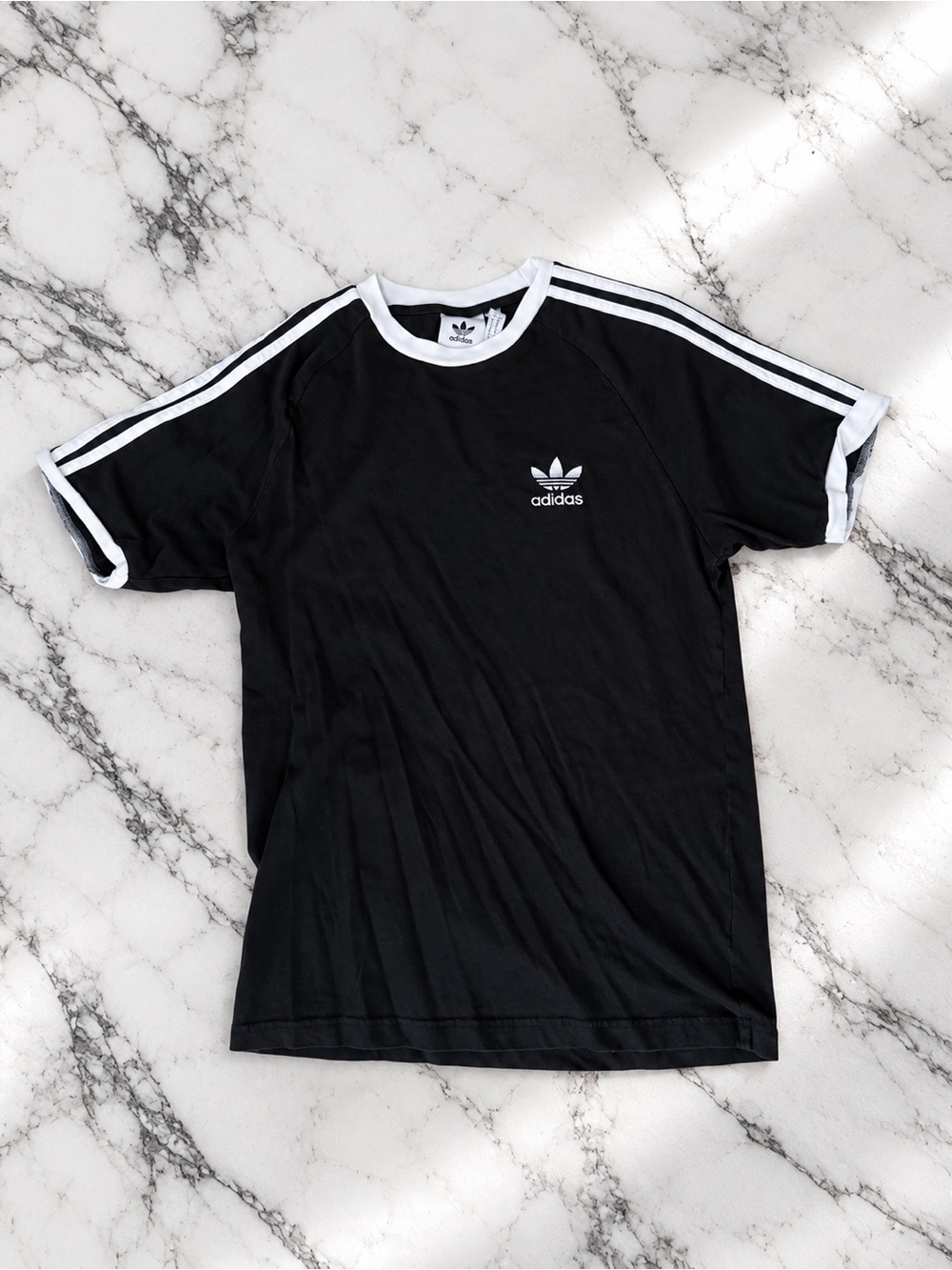 adidas Black Tee with White Trefoil and Shoulder Stripes